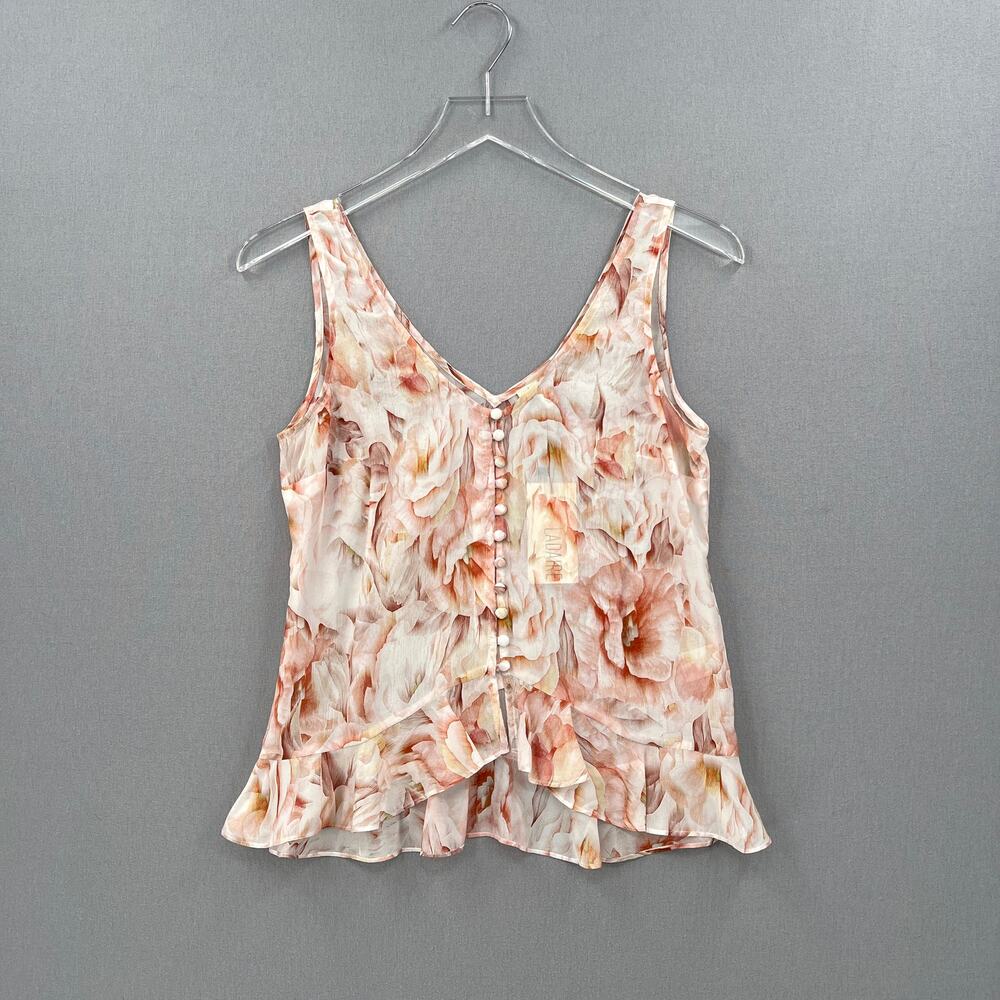 LADAIRE Silk Button Front Ruffle Tank Women XS Pink Floral V Neck Wide Strap New